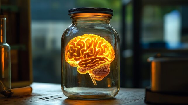 Futuristic concept of an illuminated human brain preserved in a transparent glass jar with glowing neural connections, showcasing advanced neuroscience, artificial intelligence, and scientific researc