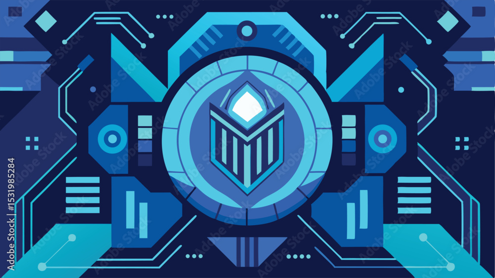 Poster abstract geometric design featuring tech elements and a central symbol composition
