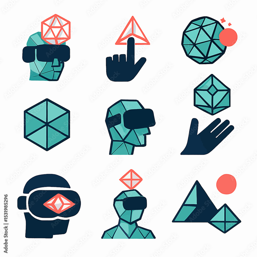 Poster geometric vr icons displaying virtual reality experience and interactive technology