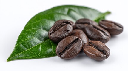 coffee beans with a green leaf - isolated on white background