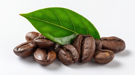 coffee beans with a green leaf - isolated on white background