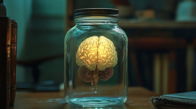Futuristic concept of an illuminated human brain preserved in a transparent glass jar with glowing neural connections, showcasing advanced neuroscience, artificial intelligence, and scientific researc