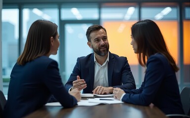 Corporate collaboration: business professionals in discussion at table with abstract blurred office background in blue and orange hues. High quality