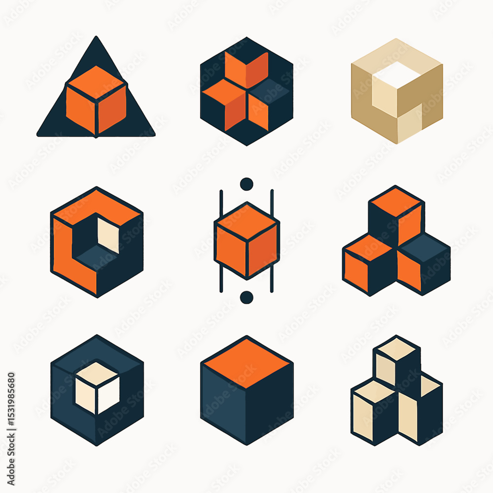 Poster isometric cube compositions in varying shapes and color schemes illustration