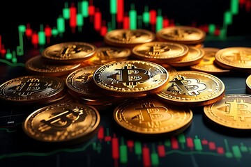 Golden bitcoin coins gleam against a dynamic trading chart
