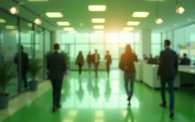 people walking on green office space, motion blur effect, environment concept, Bright business workplace with people in walking in blurred motion in modern office space. High quality