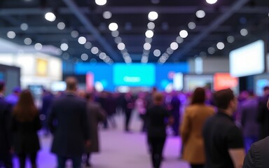 Expo hall at a tech conference with people in motion, blurred effect. High quality