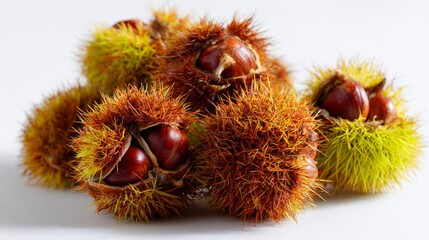 ripe chestnuts on white studio background