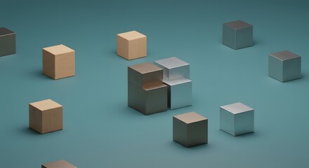 Solid dusty teal background with modular cube props and diffused edge lighting 2