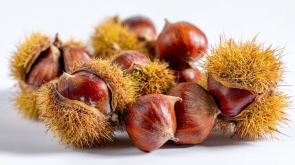 ripe chestnuts on white studio background