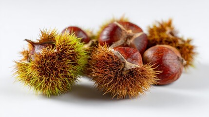 ripe chestnuts on white studio background