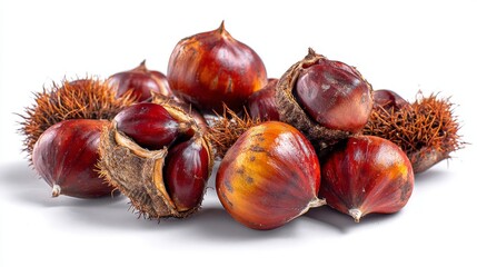 ripe chestnuts on white studio background