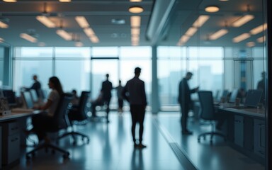 Blurred office with people working behind glass wall. High quality