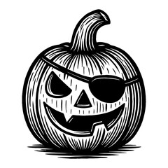 Fototapeta premium Halloween Pumpkin with Pirate Eye Patch Black and White Outline Line Art Drawing Illustration