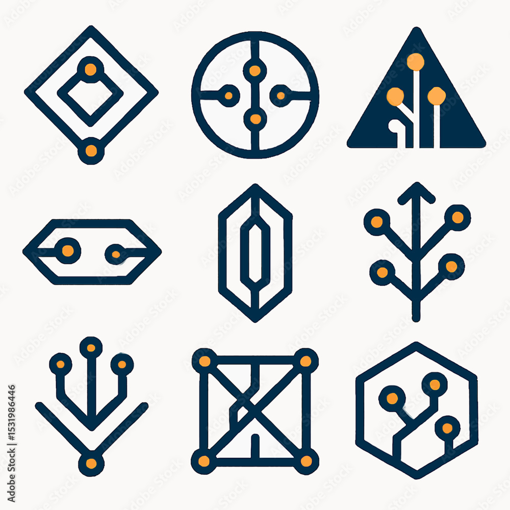 Poster set of nine geometric symbols with circuit board elements and orange dots design