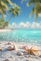 tropical beach with seashells and a starfish on white sand