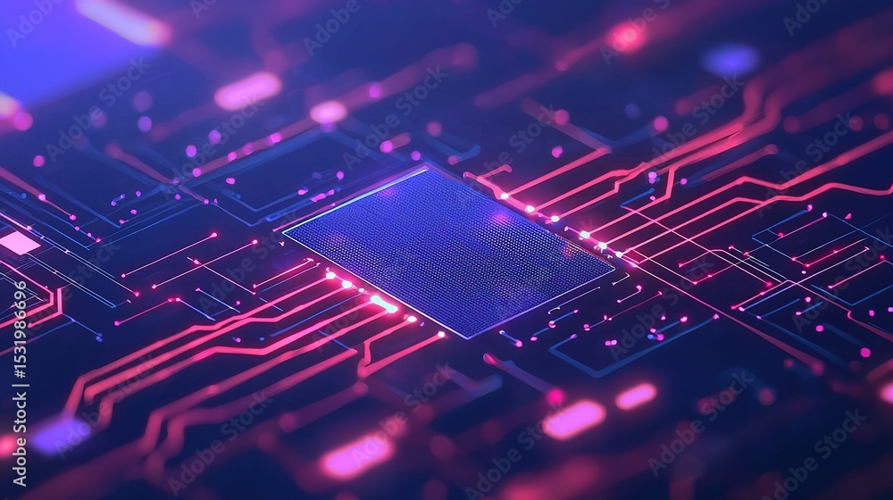 Poster a glowing microchip surrounded by neon circuitry on a dark background, symbolizing advanced digital 