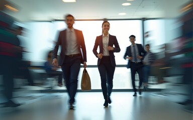 Corporate, busy and motion blur with business people in an office boardroom for planning or strategy. Meeting, management or walking with a man and woman employee group rushing to attend a workshop