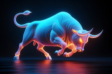 A vibrant blue bull charges, glowing with inner fire