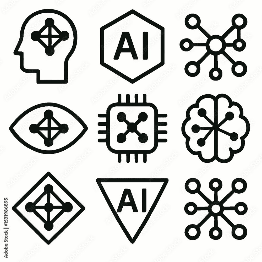 Poster artificial intelligence concept with futuristic mind and brain vector icons set