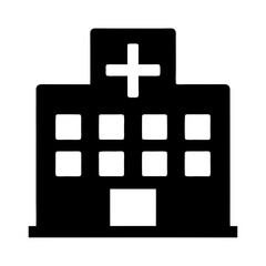 Fototapeta premium Simple black hospital building icon with white windows and cross symbol