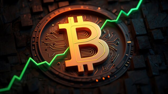 Bitcoins rise a glowing symbol ascends on a dark circuit board