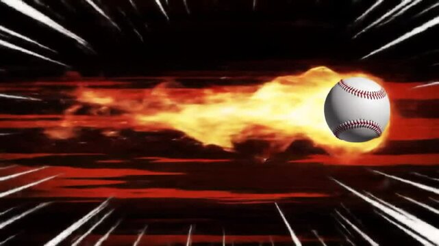 Flying Baseball with Flames Against Abstract Red and Yellow Sky Background