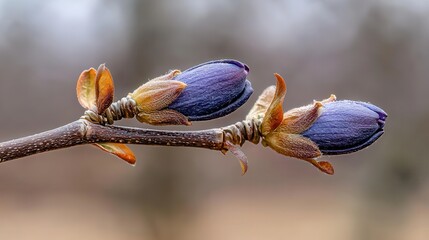 Delicate Lilac Buds Macro Shot with Soft Focus Brown Branch Background Emphasizing Spring