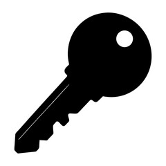 Simple black silhouette of a single standard pin tumbler key on white