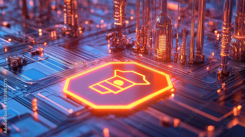 Poster glowing security shield icon on a futuristic circuit board, symbolizing cybersecurity and digital pr