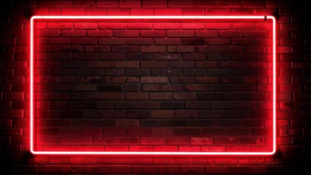 Vibrant red neon rectangle illuminating a textured dark brick wall for a modern and bold design element or retro background.