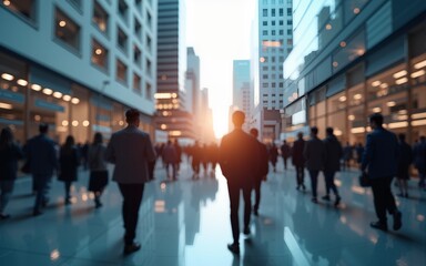 abstract motion blur image of business people crowd walking at corporate office in city downtown, blurred background, business center concept, Cinematic color tone, Generative AI. High quality