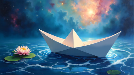 Obraz premium White paper boat drifting on rippling water with colorful nebula clouds perfect for artistic compositions and conceptual designs