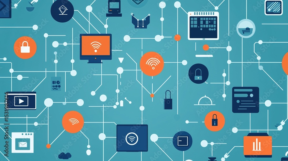 Poster a stylized network of interconnected technology devices and icons representing digital connectivity 