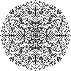 Intricate Mandala Art: A detailed, symmetrical, black-and-white mandala illustration, showcasing complex floral patterns, perfect for coloring and meditation.
