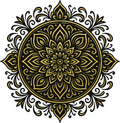 Golden Mandala Design: Intricate golden mandala with floral and leaf motifs on a black background.  Perfect for yoga, meditation, spiritual, and decorative purposes.