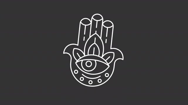 Hamsa white line animation. Jewish protective symbol animated icon. Moving eye, floating sign. Amulet, talisman. Spirituality, culture. Isolated element on dark background. Alpha transparent video