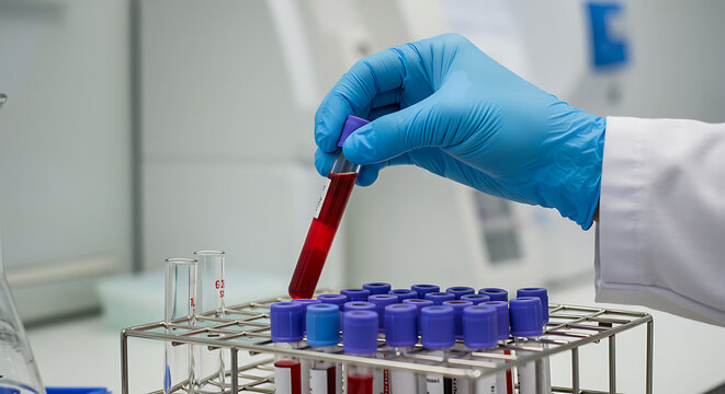 Gloved Hand Placing Blood Sample into Test Tube Rack