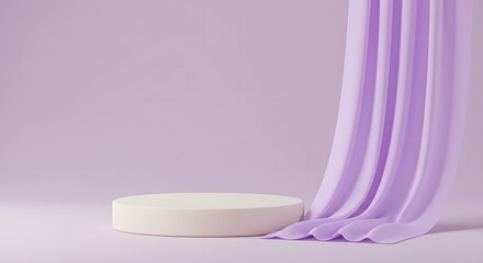 Pastel lavender backdrop with minimal podium and sheer fabric curtain softly falling from the side 3
