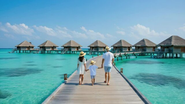 Family strolling on a wooden pier over turquoise water, with thatched-roof overwater bungalows in the background