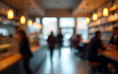 Bright Blur coffee shop with people in walking in blurred motion in coffee shop space. High quality