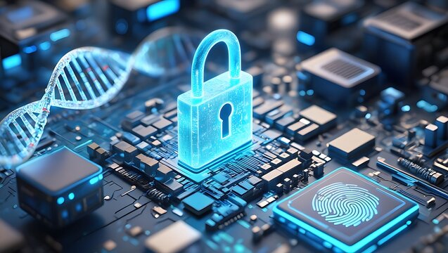 Genetic data security a glowing blue padlock safeguards digital dna on a circuit board - Powered by Adobe