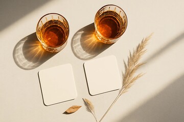 Two Amber Drinks with Square Coasters and Dried Pampas Grass in Sunlight - Beverage Mockup Flat Lay - Elegant Still Life
