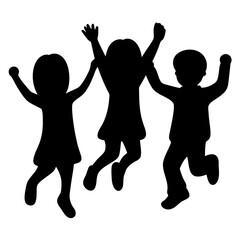 Silhouette of three joyful children jumping with excitement and arms raised high