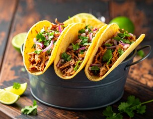  Kubełek mini tacos z pulled pork, czerwoną cebulą i kolendrą, podane z limonką