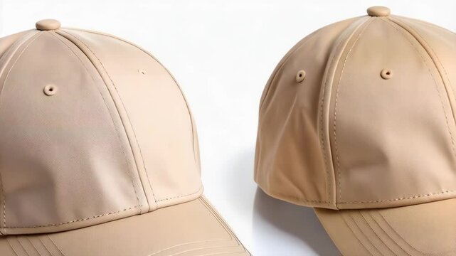 Studio shot of two baseball caps with khaki color, showcasing fashion accessories on a clean white background.