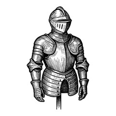 Obraz premium Full Suit of Armor Front View Black and White Outline Line Art Drawing