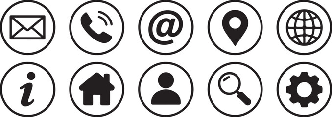 Ten Black and White Circular Icons Website Contact Symbols