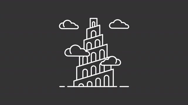 Babylon tower white line animation. Babel history animated icon. Building levels showing up. Ancient construction, architecture. Isolated element on dark background. Alpha transparent video