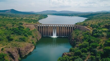 Obraz premium A large dam with water flowing over it, surrounded by lush green hills and a reservoir under a partly cloudy sky.